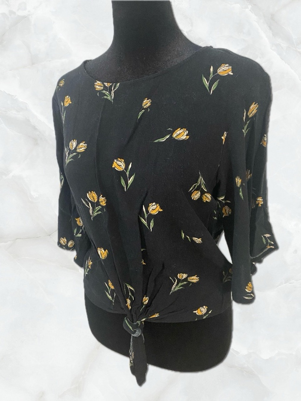 Elodie Black Floral Tie-Front Blouse with Yellow Tulips
